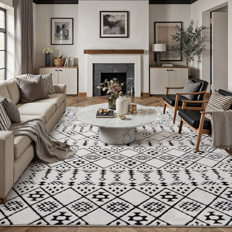 Zephyr Weave Geometric Area Rug in Black, Rectangle 8' x 10', Black