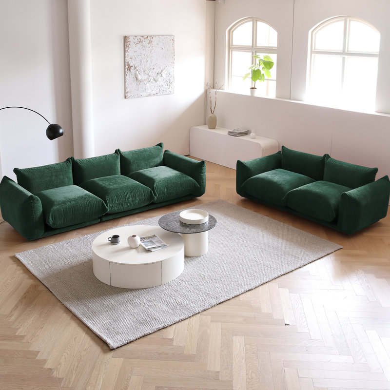 Canapé modulaire rembourré en tissu 5 pièces en chenille avec repose-pieds Cath, 2 pièces incluses, Chenille verte