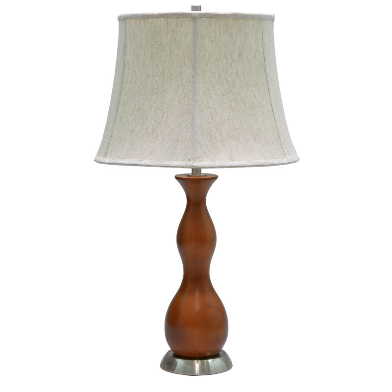 28" Brown Wooden Table Lamp with Off-White Linen Shade