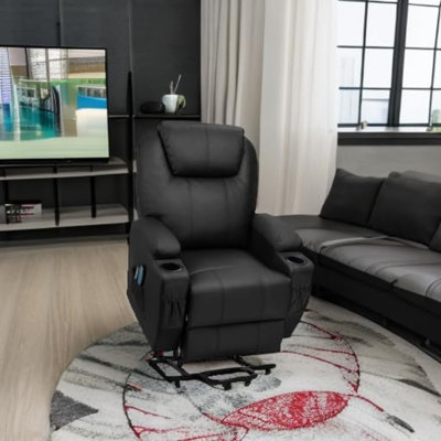 Fauteuil inclinable électrique avec massage Power Lift - Canapé inclinable électrique motorisé avec porte-gobelets et poches latérales - Fauteuil ergonomique en cuir PU pour personnes âgées - Siège de cinéma maison