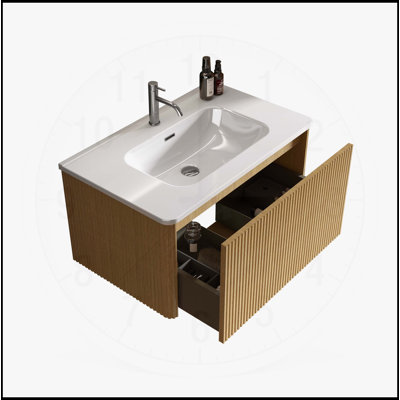 Meuble-lavabo rayé en chêne naturel Etna avec lavabo en céramique blanc, meuble-lavabo flottant mural pour salle de bain moderne
