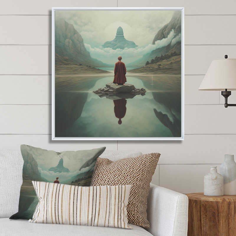 Mindfulness bouddhiste vison méditant sur toile, H 16 po x l 16 po x P 1 po, Cadre flottant blanc