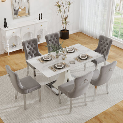 Ensemble de table de salle à manger rectangulaire en verre trempé, table de salle à manger de luxe avec chaise de salle à manger en velours capitonné