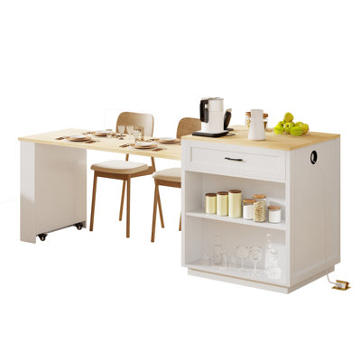 Stylish Two-Tone Kitchen Island with Extendable Dining & Storage(Excluding chairs and benches)