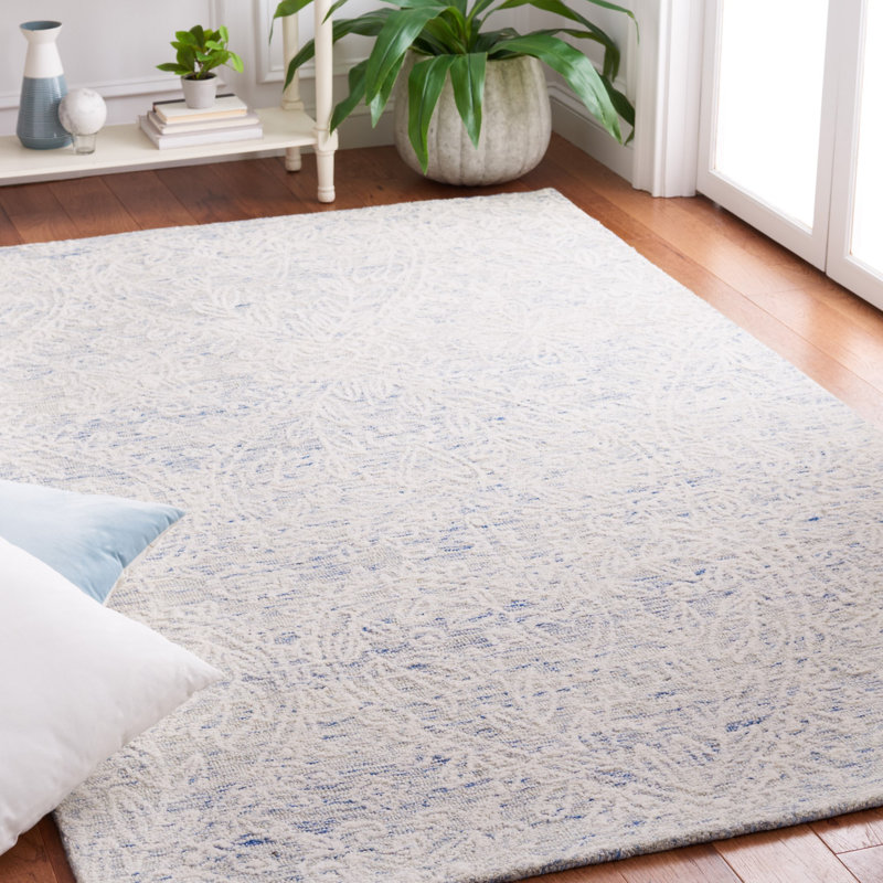 Tapis floral bleu / ivoire en laine / coton touffeté à la main Greisofe, Rectangle 5 pi x 8 pi