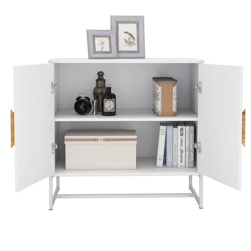 Solid Wood Square Shape Handle 2 Doors Sideboard