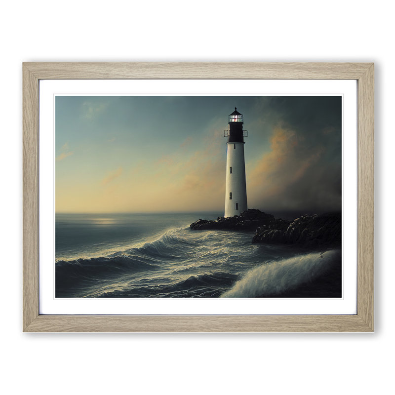 Shimmering Lighthouse Seascape - Framed Print, 34cm H x 46cm W x 2cm D, Oak
