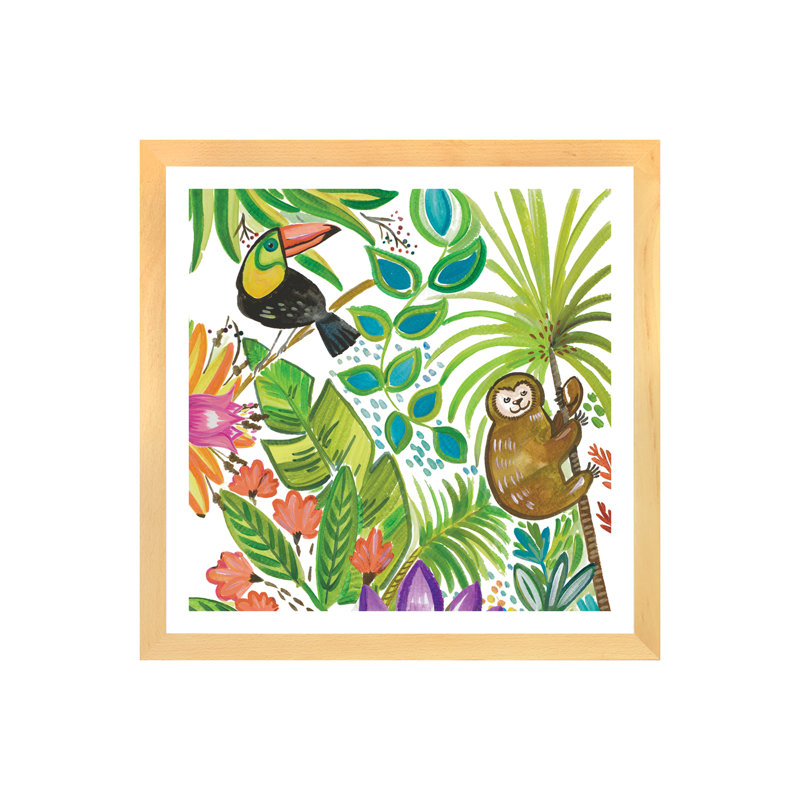 Art tropical encadré, H 24 po x l 24 po x P 1 po, Papier beaux-arts encadré bois naturel