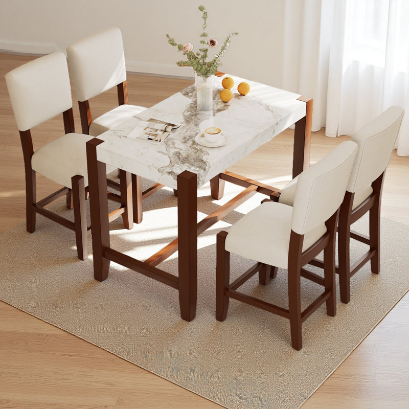 Ensemble de table de salle à manger 5 pièces à hauteur de comptoir pour 4 personnes, table de bar en faux marbre et 4 chaises rembourrées, ensemble de salle à manger de style Mid-Century moderne pour la salle à manger, cuisine de pub, petit espace