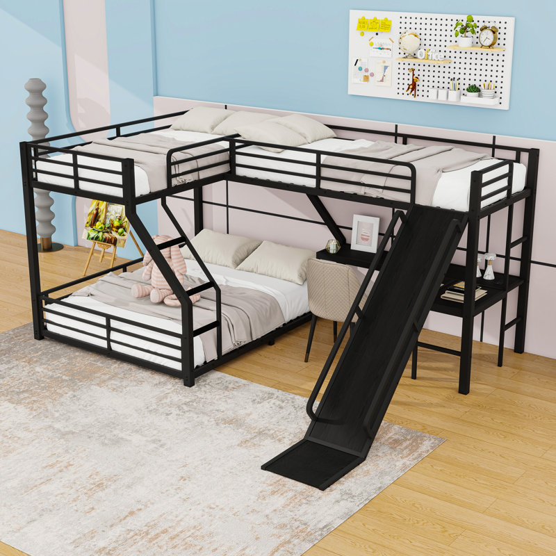 Triple L-Shape Bunk Bed With Slide And Desk,USB Ports, Twin XL over Queen;Twin