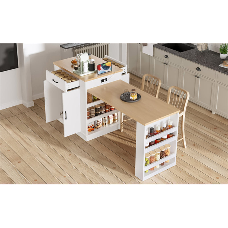 Console d'îlot extensible avec tiroirs, armoire à deux portes et tablettes ouvertes. Sert de table de salle à manger, de bar pour le petit-déjeuner temporaire et de salon de thé l'après-midi