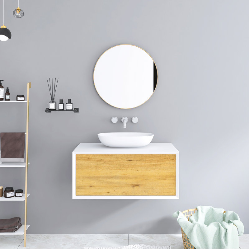 Armoire de salle de bain murale moderne de 35 po, équipée d'un lavabo à surface solide, d'un corps d'armoire en panneau de fibres à densité moyenne et d'un tiroir à rebond automatique sans poignée