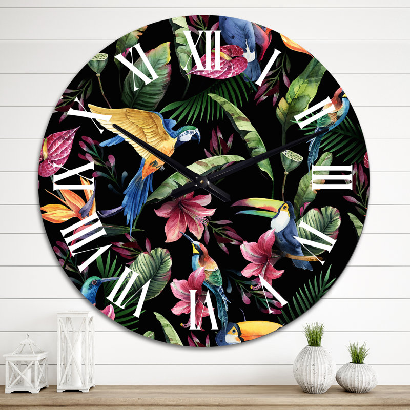 Horloge murale à motif de perroquet avec fleurs tropicales et feuilles vertes, Grand