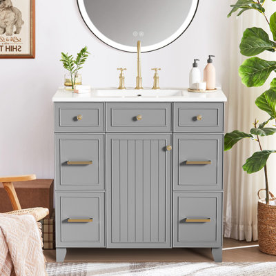 Meuble-lavabo 36 po avec lavabo en céramique, structure en bois massif, portes à fermeture en douceur