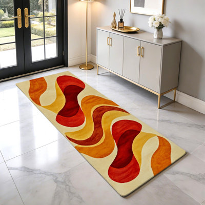 Tapis de couloir de cuisine moderne et abstrait, motif de vagues rétro rouge-orange et jaune, long tapis antidérapant pour la cuisine, le couloir, la salle de lavage et le vestibule