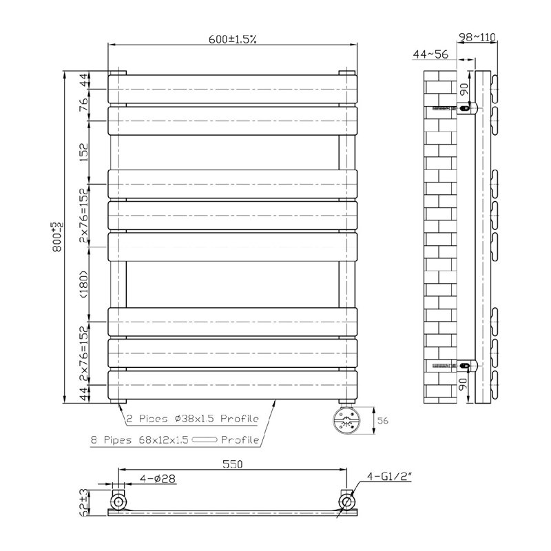 Flat Panel Towel Rail Heated Towel Rails, 80cm H x 60cm W x 6.2cm D, White