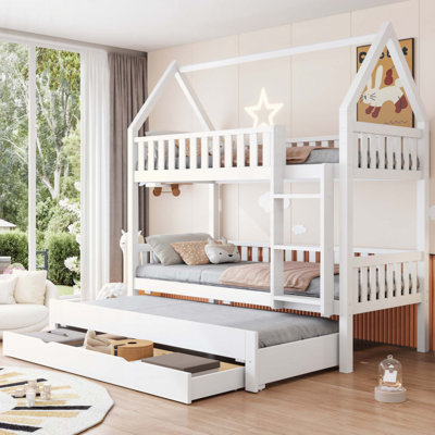 House Bunk Bed with Fence,Trundle and Three Storage Drawers