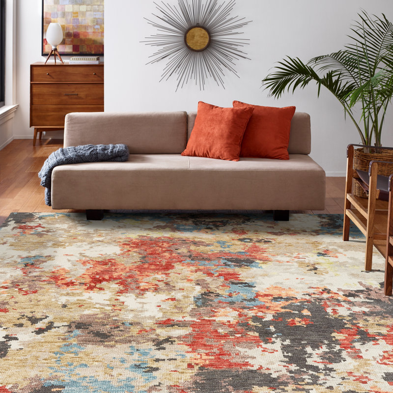 Duson Hand Knotted Wool Abstract Area Rug in Tan, Rectangle 9' x 12'
