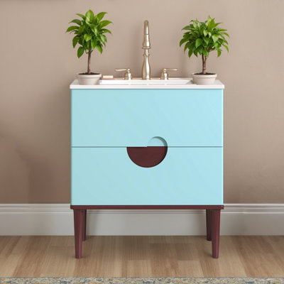Blue 30-inch Bathroom Vanity Cabinet Set: Ceramic Sink Combo, Solid Wood Frame Modern Storage Cabinet With 2 Drawers