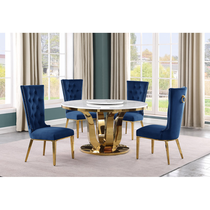 Ensemble de salle à manger à base de marbre et piédestal pour 4 personnes Kenidi, Bleu marine