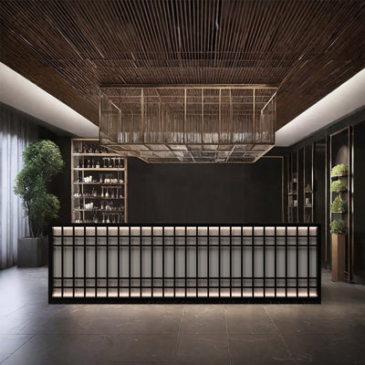 Bar Counter Front Desk with Single Countertop, Wine Storage, Lockable Drawers, and Cabinet Storage