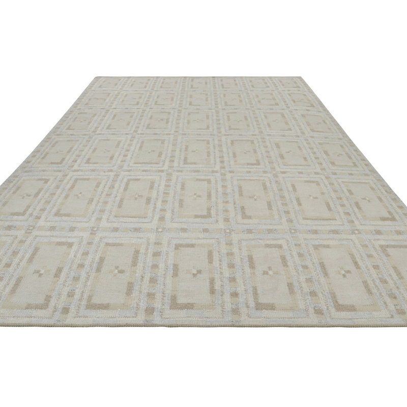 Rug & Kilim’S Scandinavian Rug In Beige, Ivory And Ice Blue Geometric Patterns, Rectangle 14' x 20'