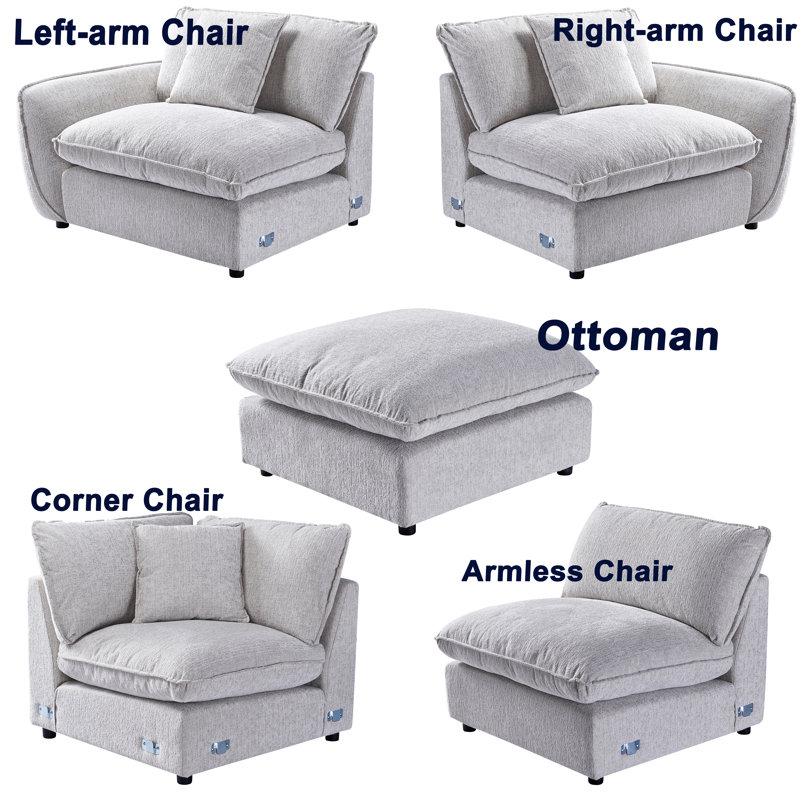 Siège rembourré avec accoudoir gauche et module modulaire Fabirc, Polyester gris clair