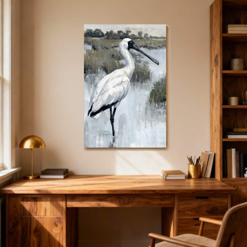 Animaux, oiseau blanc, debout dans l'eau, paysage, H 18 po x l 12 po