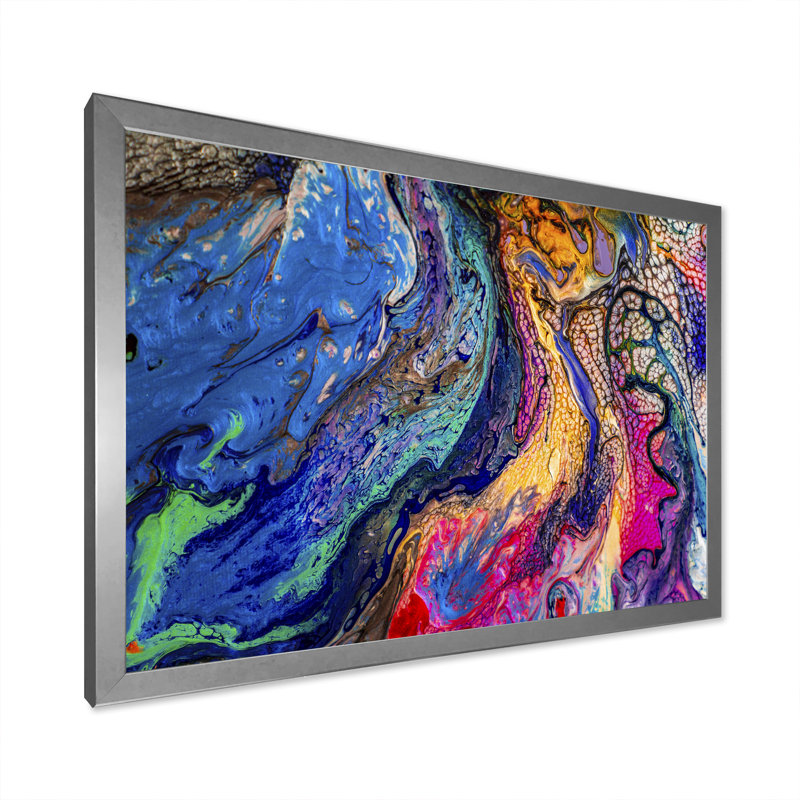Rouge rouge bleu et jaune marbre - peinture sur toile, Cadre de coin argenté fermé, H 30 po x l 40 po