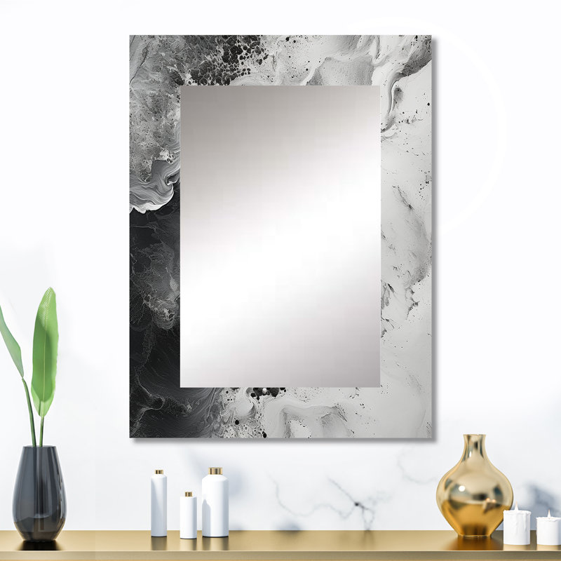 Abstract Cream And Black Liquid Paint I - Coastal Unique Wall Mirror, Black Mirror, Printed Metal Art, 32" x 24"