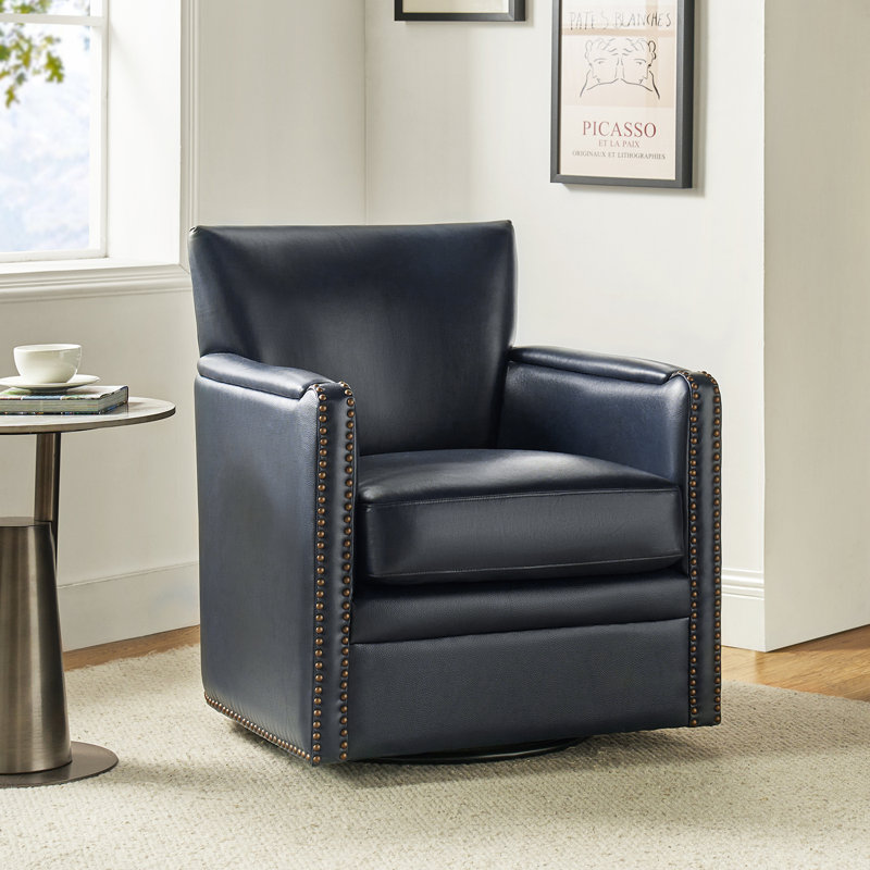 Fauteuil club pivotant en cuir véritable Arsim, Cuir véritable bleu marine