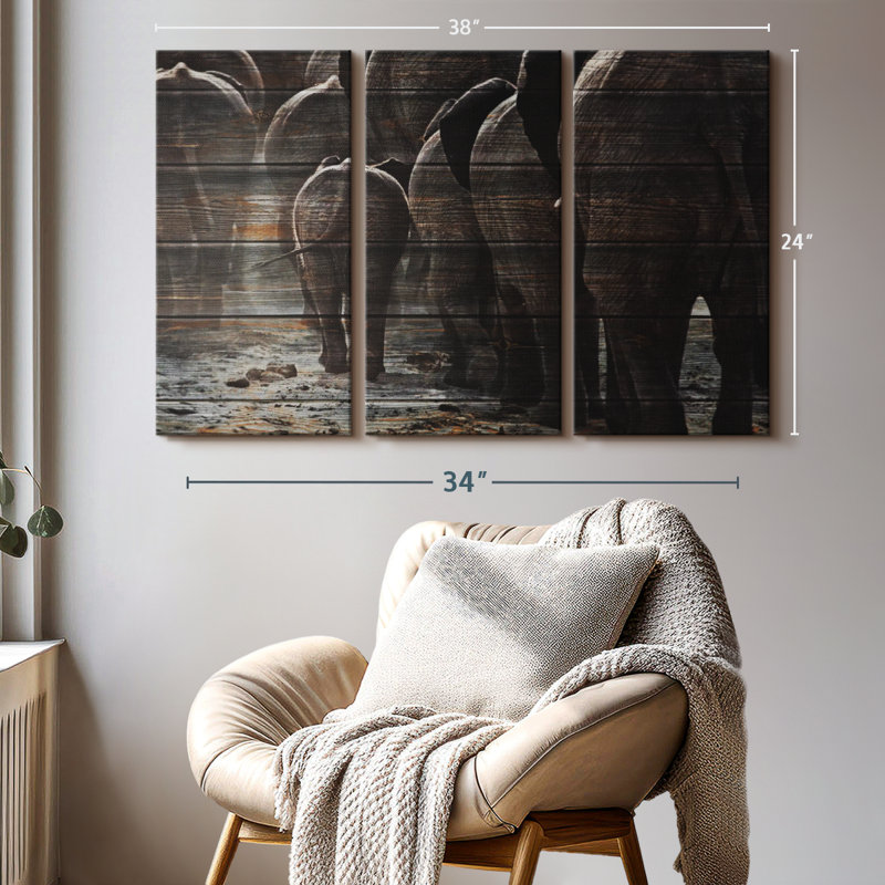 «Wooden Textured Elephants» sur toile, H 24 po x l 38 po x P 1,25 po