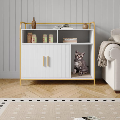 37 Inch Modern Wooden Litter Box with Storage Rack, Multi-Functional Furniture-Style Litter Cabinet with Ventilation Hole/Side Entry, Fits Most Litter Boxes
