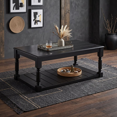 Farmhouse Coffee Table with Open Shelf, Rectangular Wood Living Room Center Table with Turned Legs