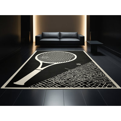 Machine Washable Rayan Racquetball Racket Ball Modern Geometric Rug in Green – Black Binding