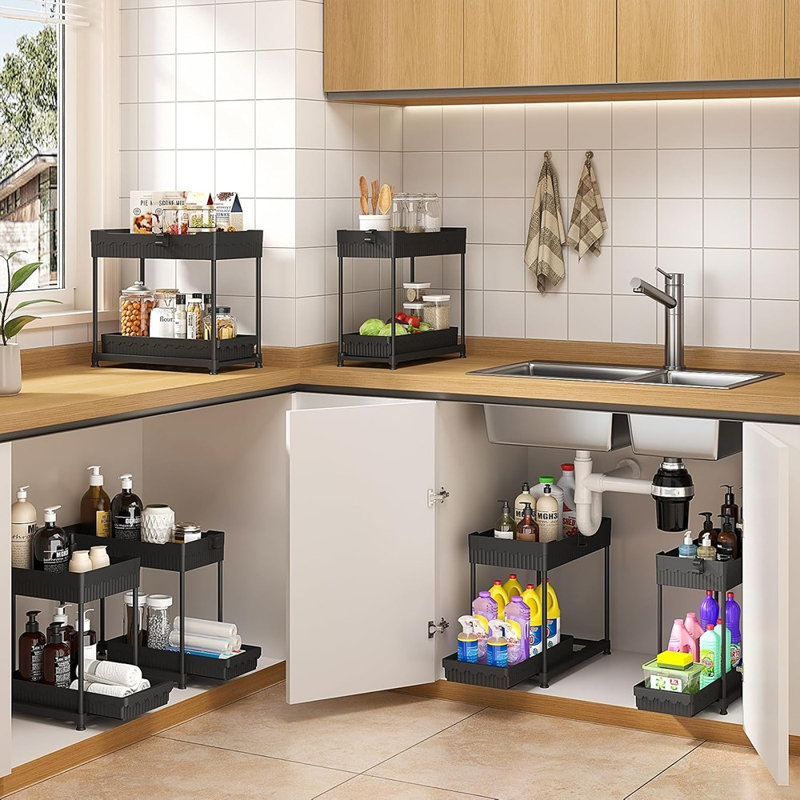 4-pack Under-sink 2-tier Pull-out Cabinet Organizer With Hooks And Cups – Black
