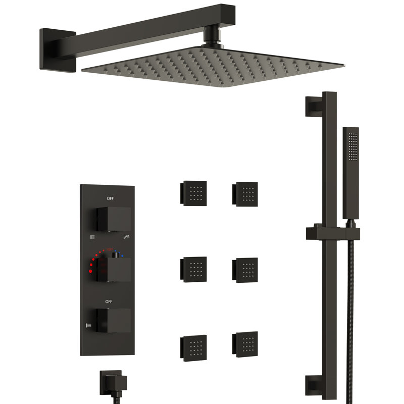 Thermostatic Shower System,12" High-Pressure Rainfall Shower Faucet With Rough-In Valve, Matte Black