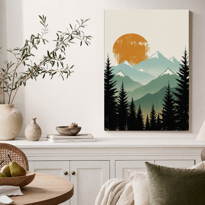 Tableau sur toile rétro soleil orange sur une chaîne de montagnes vertes, H 24 po x l 18 po