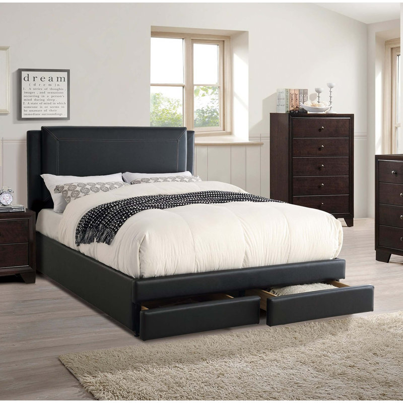 Ensemble de lit luxueux pour grand lit double avec tiroirs de rangement FB, Noir, noir, noir, noir, Grand lit
