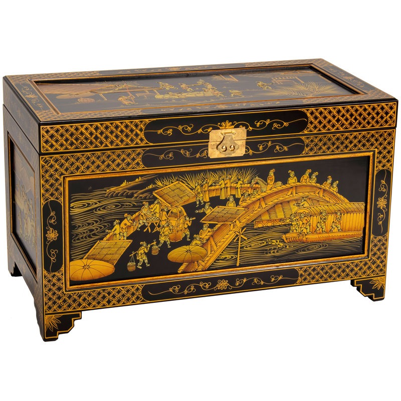 Guangdong Black Lacquer 40" Hand-Painted Ching Ming Storage Trunk