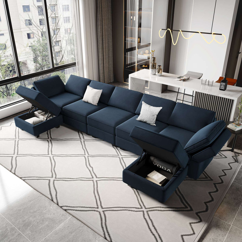 Grand canapé et méridienne modulaire rembourré en velours 7 pièces Ridoy, Velours bleu