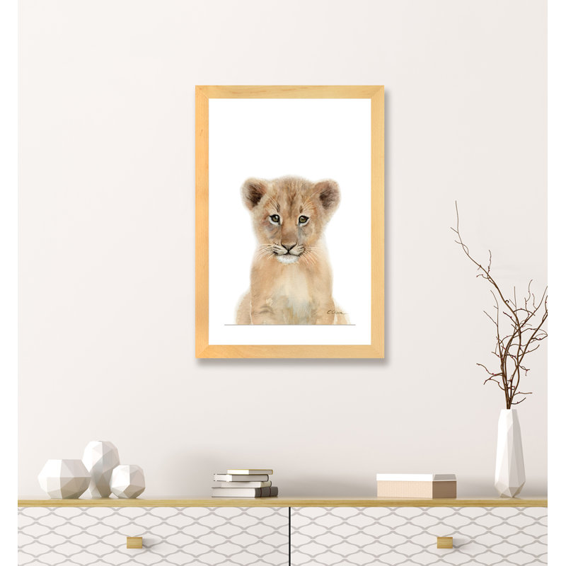 Bébé lionceau - reproduction d'art, Papier encadré de bois naturel, Blanc, H 32 po x l 24 po x P 1 po