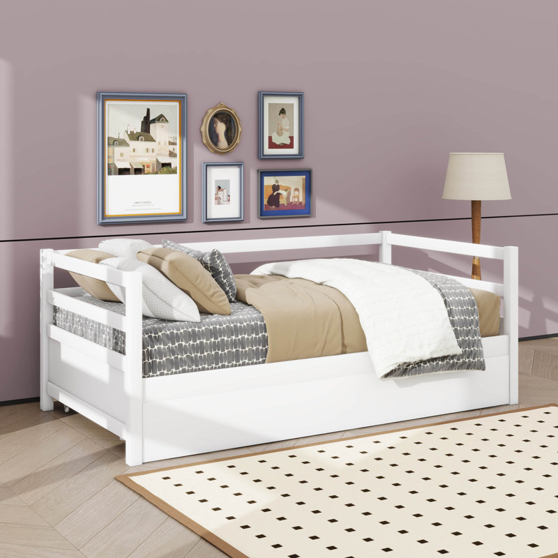 Un ensemble de lit de jour avec un cadre de lit gigogne sous le lit, taille simple, Blanc