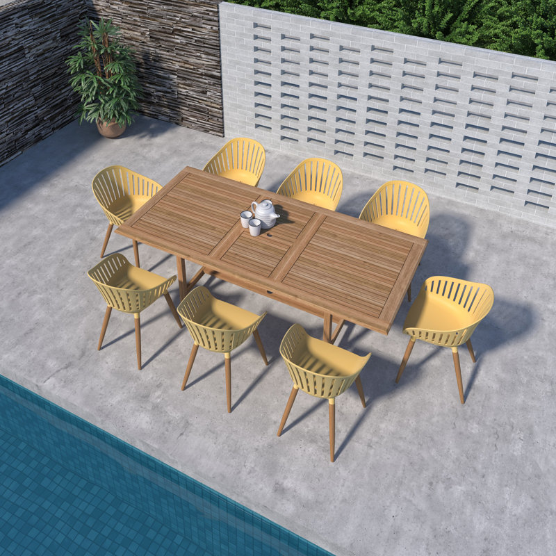 Dugas 9Pc Outdoor Patio FSC Teak Extendable Dining Set - Yellow Chairs, Yellow