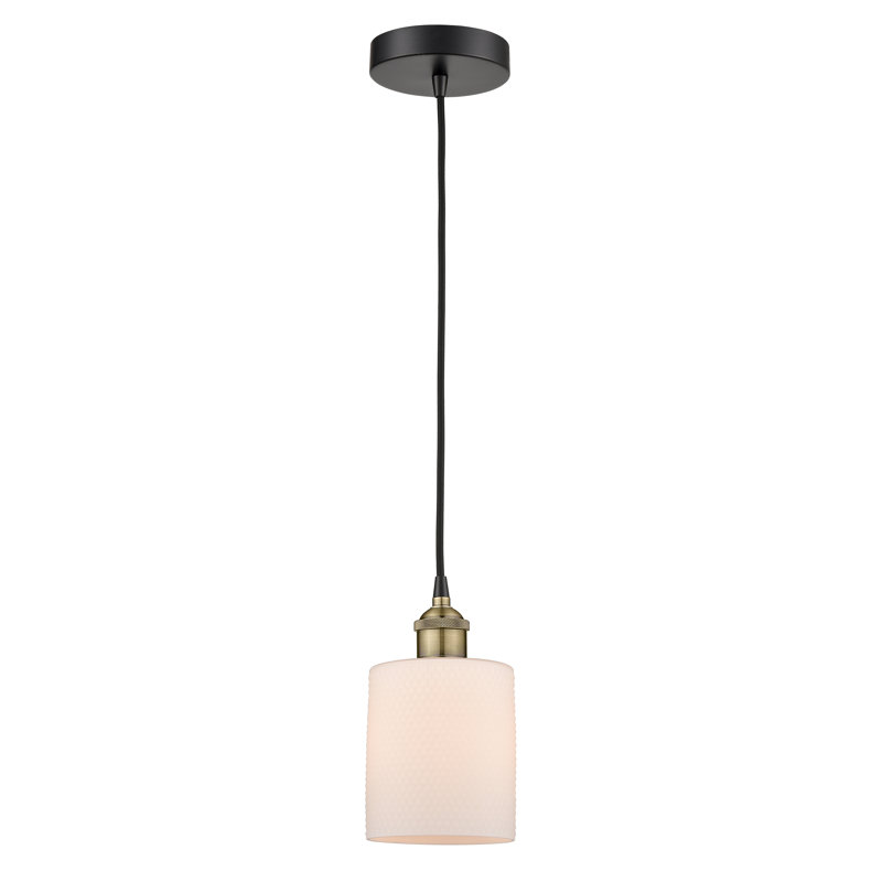Luminaire suspendu cylindrique à 1 lumière Malcolm, H 9,75 po x l 5 po x P 5 po, Blanc mat, Laiton antique noir
