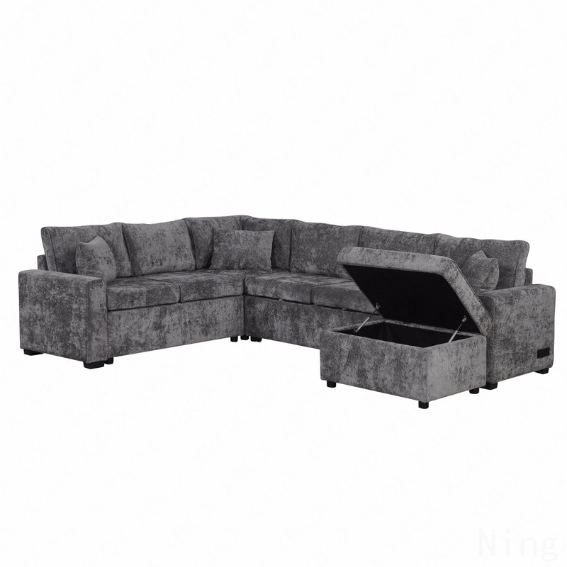 112.2" Sectional Sofa Pull-Out Sofa Bed Sleeper With A Storage Ottoman,Three Pillows And Charging Devices For Living Room, Grey