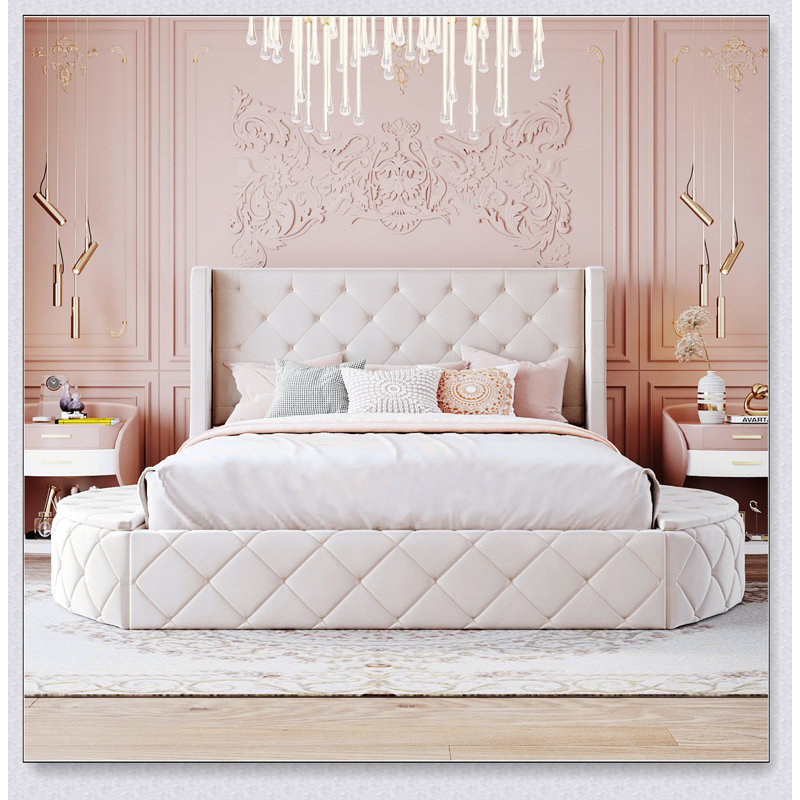 Upholstered Platform Bed Storage Velvet Bed With Wingback Headboard And 1 Big Drawer,2 Side Storage Stool, Beige