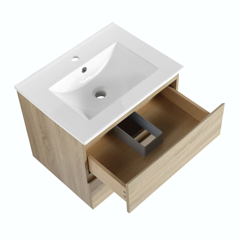 Ensemble de meuble-lavabo simple 24 po avec plateau en bois manufacturé Polloro, Blanc, Chêne clair