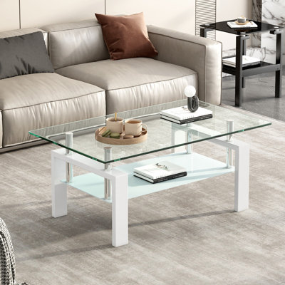 Table basse rectangulaire moderne en verre trempé noir, 100 cm (L) x 55 cm (P) x 45 cm (H), avec tablette de rangement inférieure.