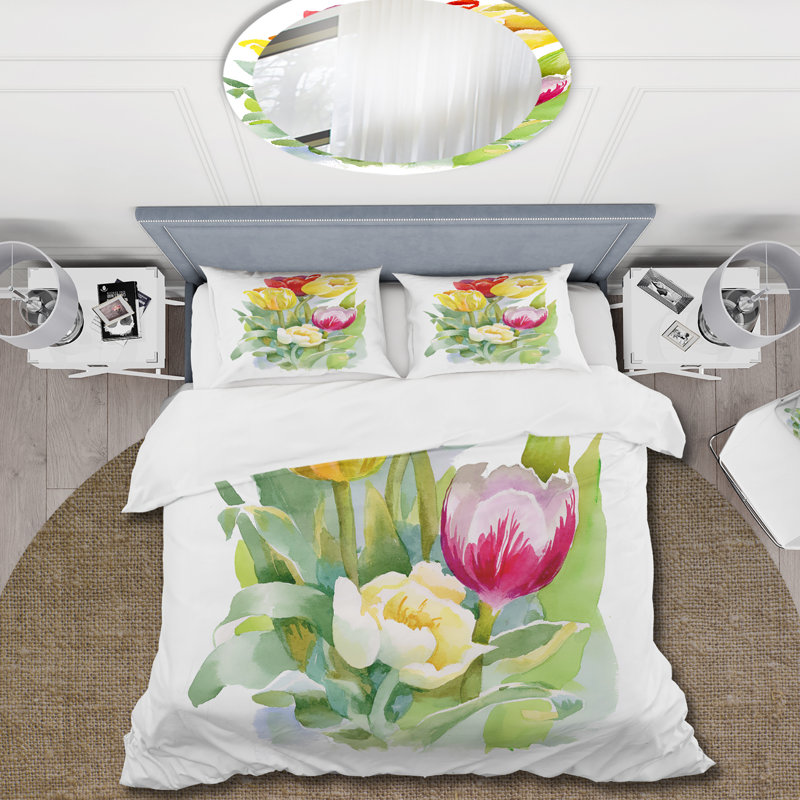 Bouquet de tulipes blanches et rouges - Ensemble de housse de couette traditionnel - Polyester en microfibre